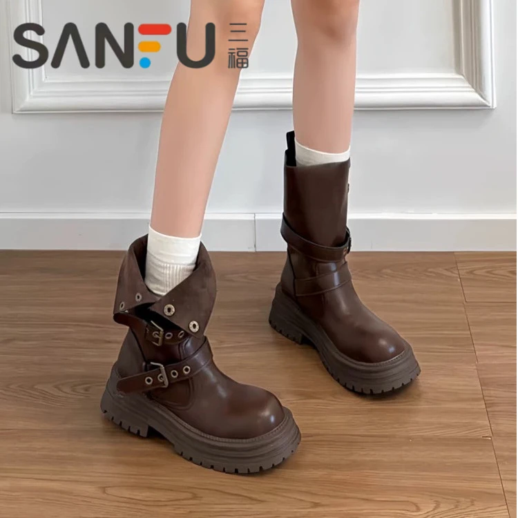 三福厚底短靴女2025秋冬新款西部牛仔短筒靴子复古美拉德马丁靴女