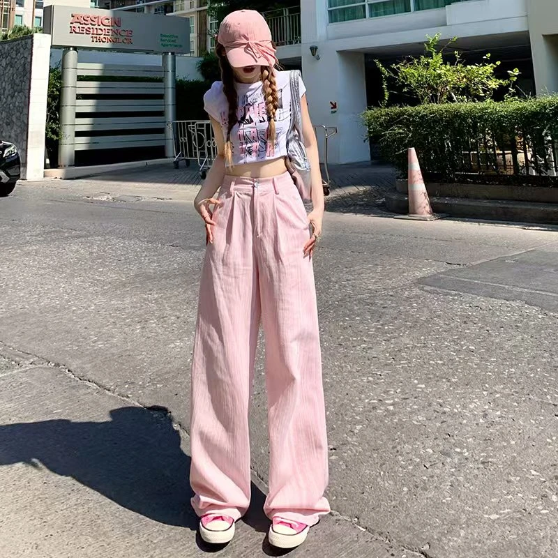 高腰宽松阔腿裤新款肌理裤拖地垂感女粉竖纹肌理显瘦直筒2025夏季
