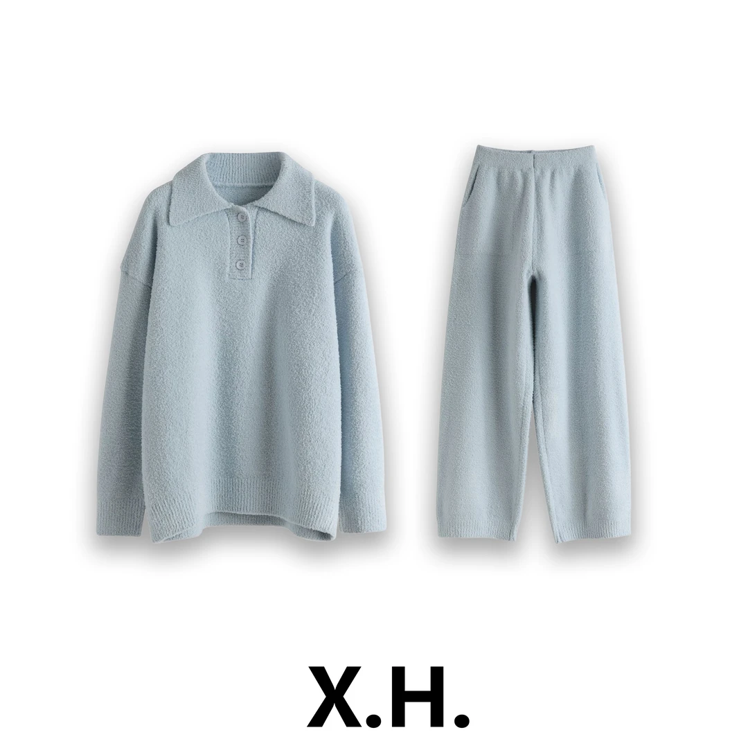 【刘小黑】半边绒保暖polo领家居服套装