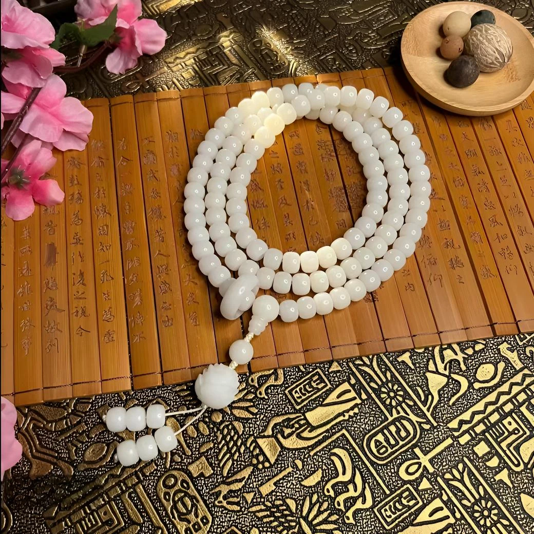 原生态白玉菩提根108颗 莲花款老型桶挂瓷白文玩菩提念珠男女百搭