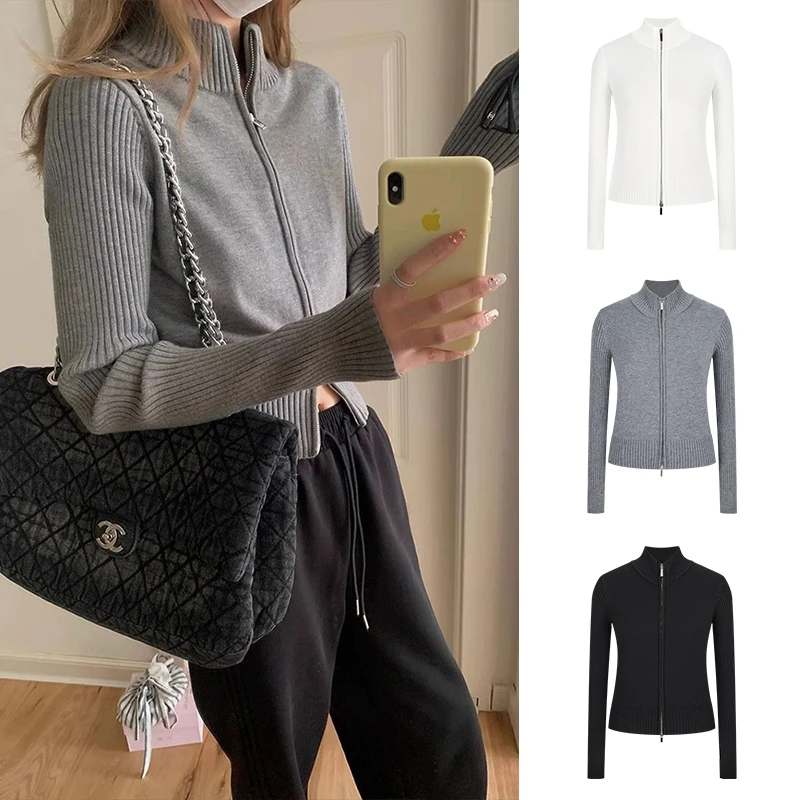 Moses Queen/魔西女王双拉链长袖针织衫毛衣开衫宽松短款气质上衣