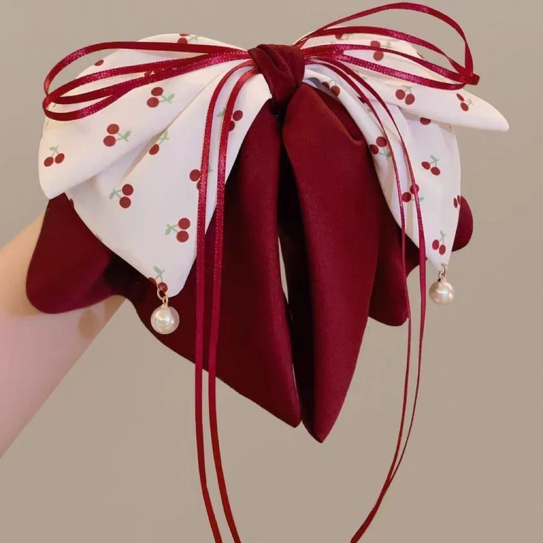 樱桃蝴蝶结飘带抓夹女2025新款高级感后脑勺盘发鲨鱼夹子头饰发夹