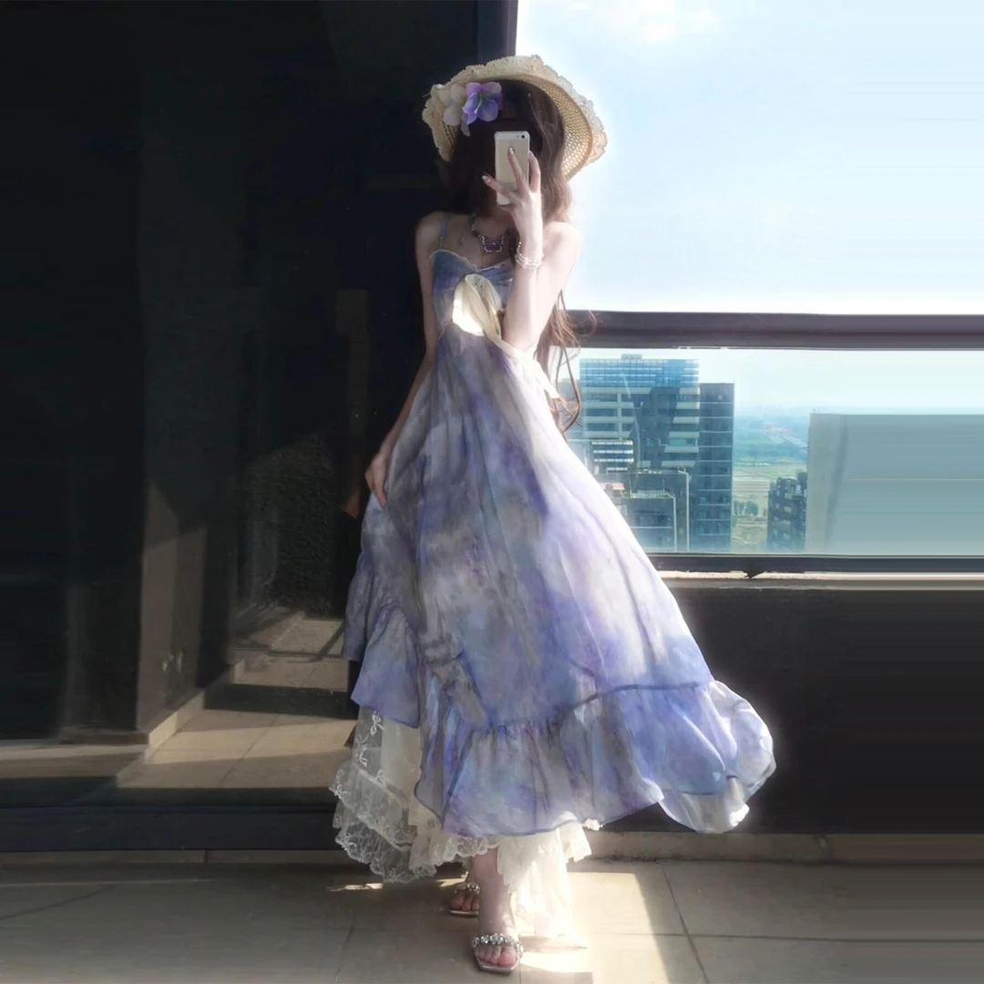 紫色吊带连衣裙子女夏季2025新款爆款海边度假巨好看绝美漂亮长裙