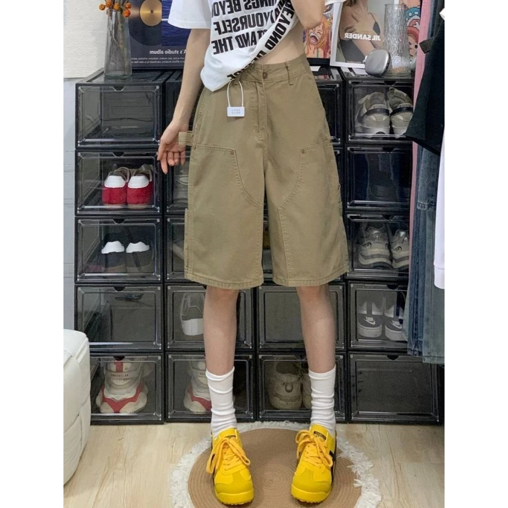 美式工装水洗做旧多口袋短裤女2025夏季新款休闲遮跨阔腿五分裤字