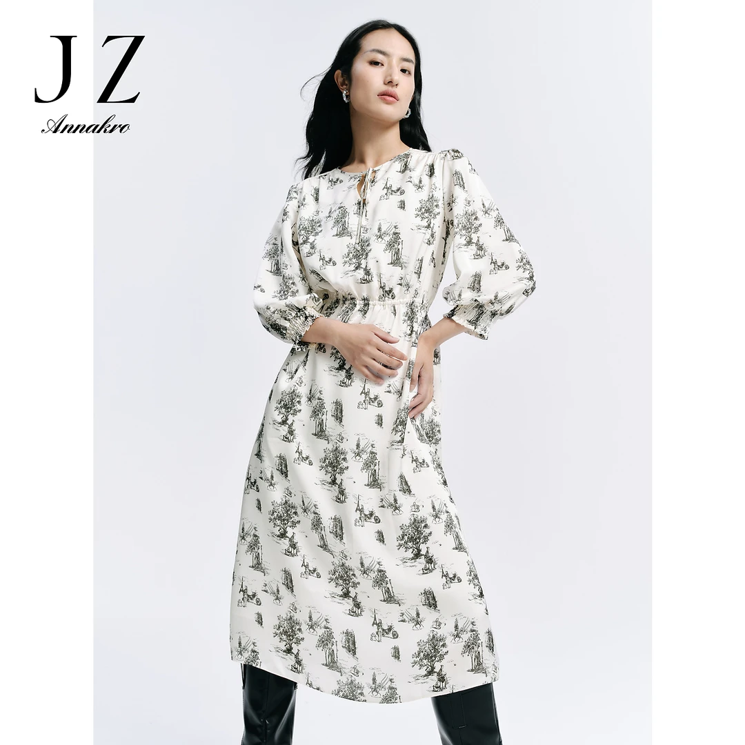 【婷婷专属】玖姿安娜蔻JTDQ50068法式复古手绘印花缎面提花连衣裙