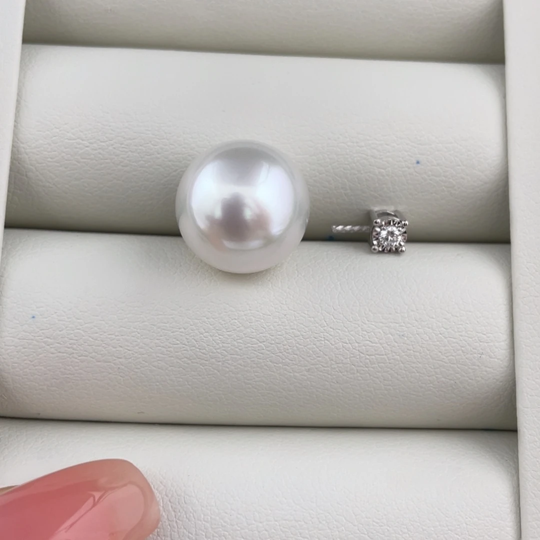 定制海水珍珠吊坠(不含链)18K金镶嵌澳白13-14mm