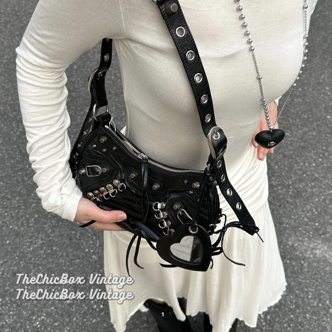 95新 Balenciaga/巴黎世家 只盒/限量绑带全皮LeCagole黑银半月包