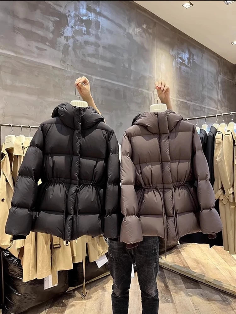 欧货加厚修身收腰连帽棉服女中长款黑色高级感超好看气质棉衣外套