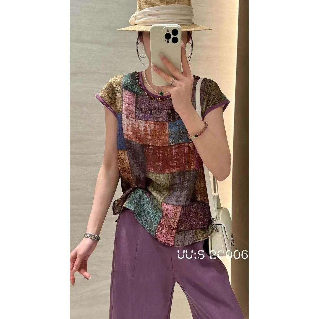 KIKI严选：1165-1-多米家欧洲站南油夏季无袖花钉珠领小衫上衣