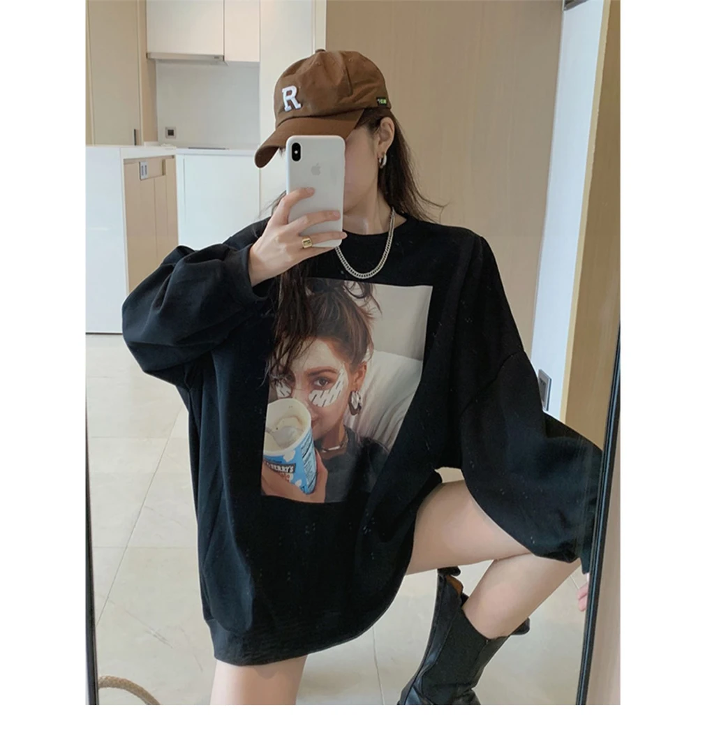 独特漂亮小衫新款黑色圆领卫衣春秋季宽松美式小个子加绒秋冬上衣