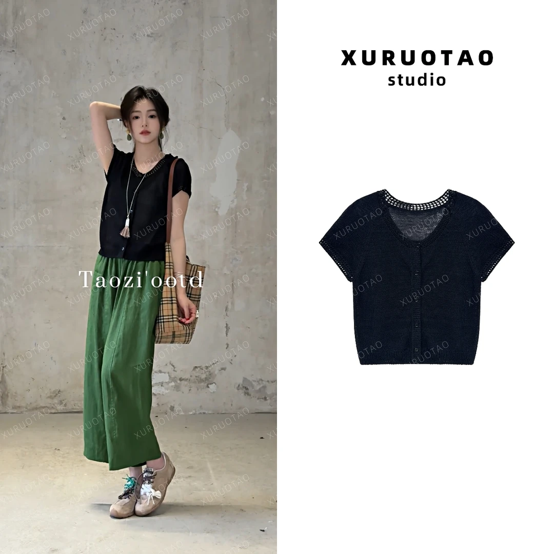 XURUOTAO【埃菲尔】亚麻莱赛尔镂空设计显瘦舒适黑色上衣 T5434