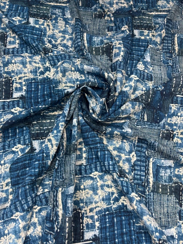 【晓萍推荐】5D数码高密工艺印花棉绸  幽蓝百褶A字半身大摆裙