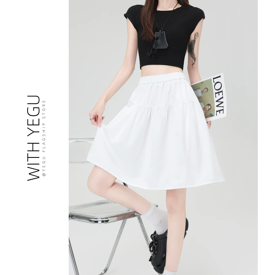 原宿风白色半身裙女夏季款高腰层次感a字五分裙小个子休闲中裙