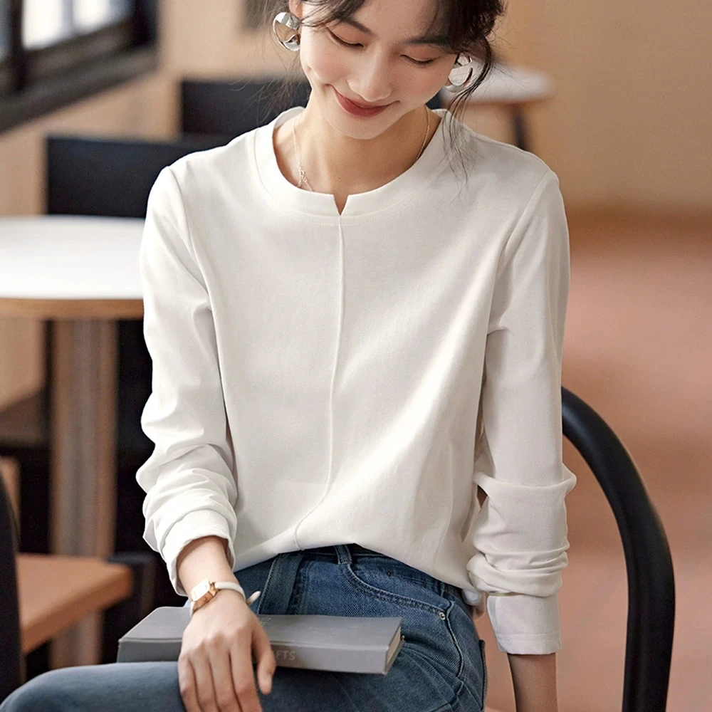纯棉春季新款长袖T恤女小V领设计时尚休闲简约气质减龄百搭上衣