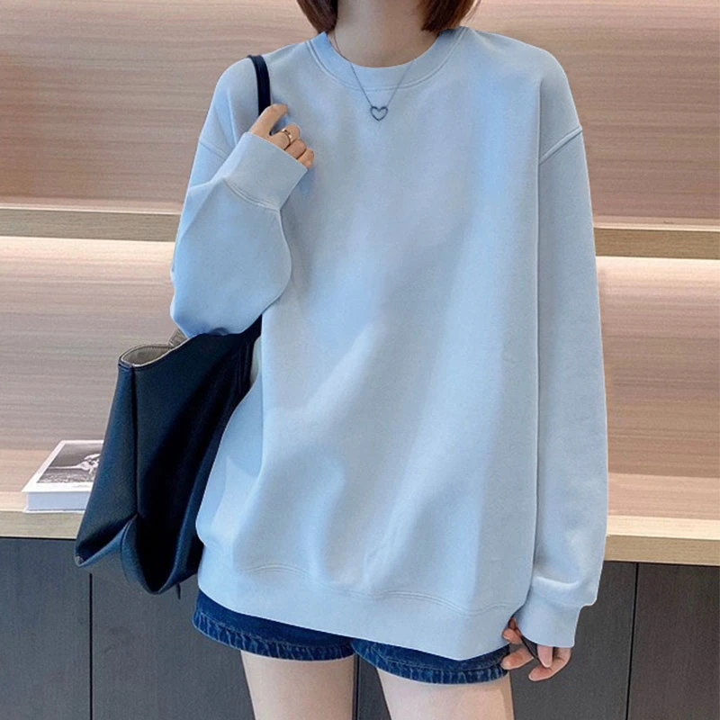 雾霾蓝圆领卫衣女秋季2025新款爆款小个子宽松大码上衣女装外套潮