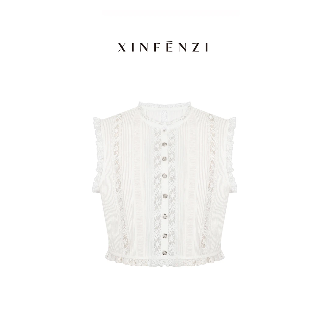 【冰岛】XINFENZI 100精梳棉重工风琴褶圆领蕾丝上衣 SS34928