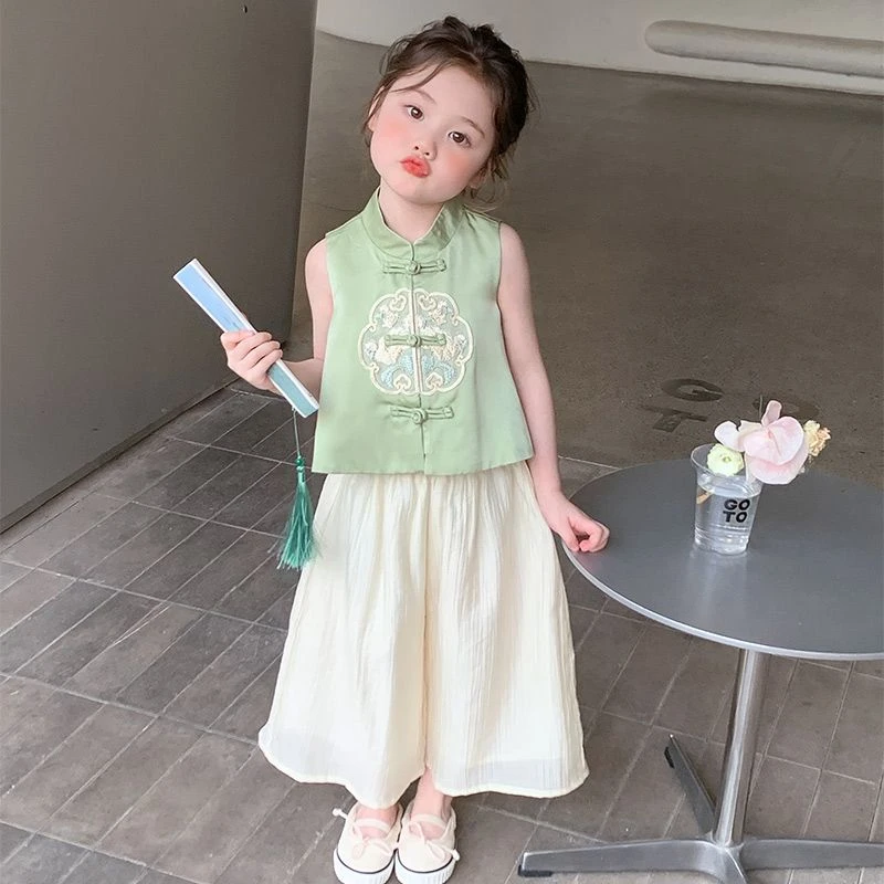 夏装2025新款儿童背心阔腿裤宝宝古风女童古风套装儿童古风套装