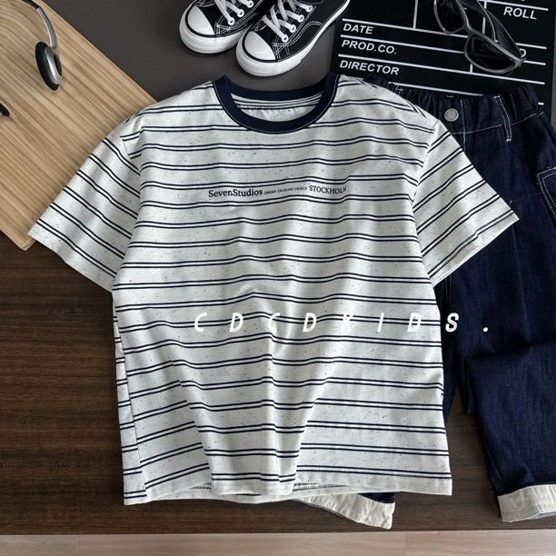 川度儿童夏季条纹领口拼接短袖T恤夏季男女童半袖圆领上衣36220