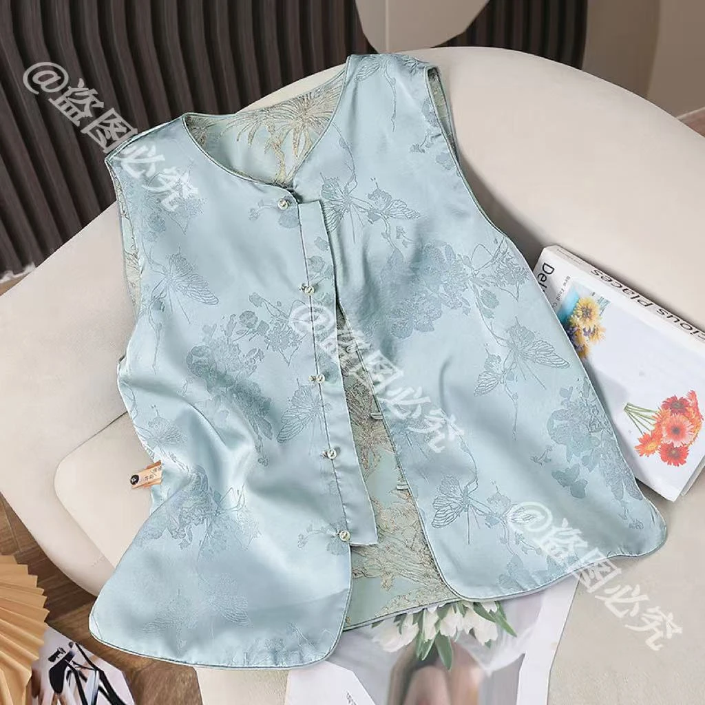 渐白【奕禹】两面穿春秋织锦提花园领复古文艺新中式国风马甲马夹