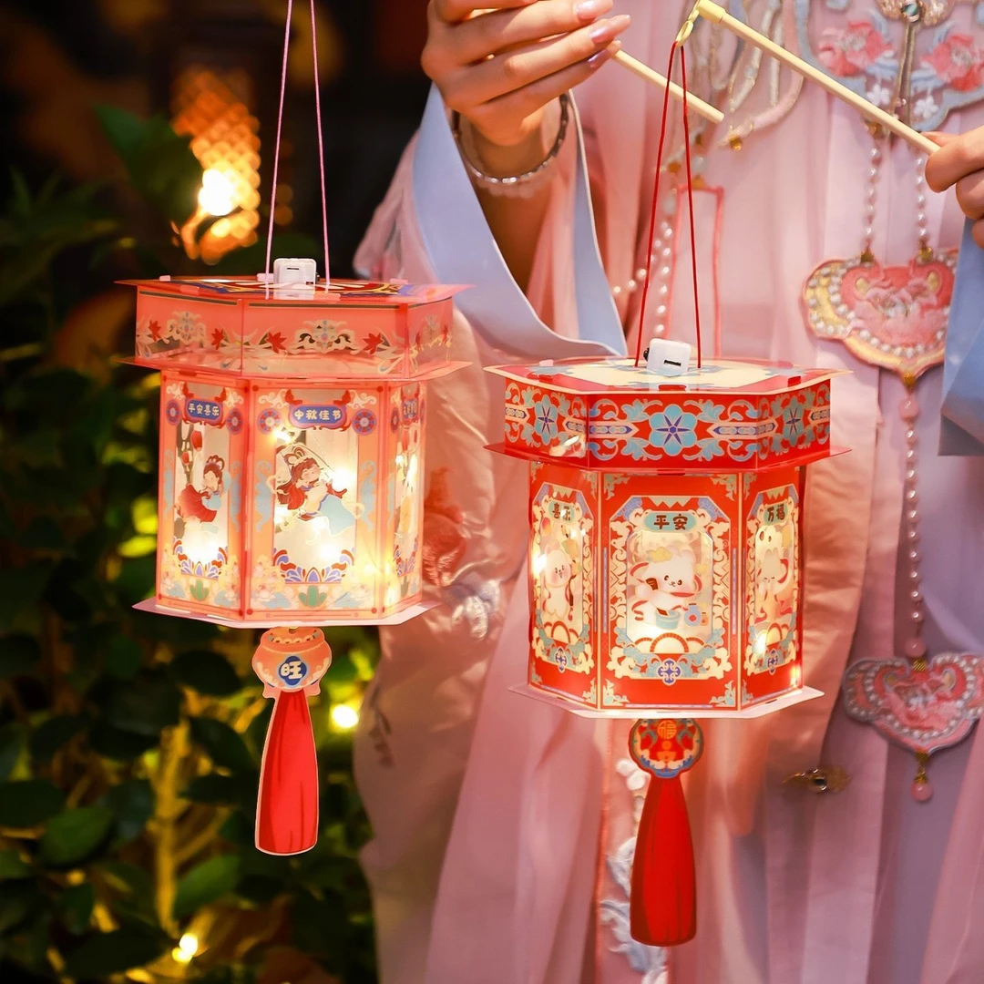 中秋节灯笼儿童手提发光花灯 diy材料包国潮古风六角宫灯兔子灯笼