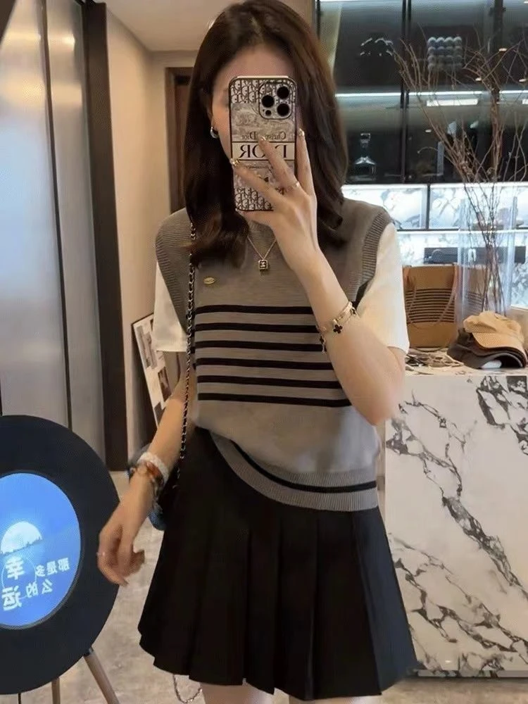 3884大码夏装新款2025宽松假两件针织上衣微胖mm百搭显瘦冰丝短袖