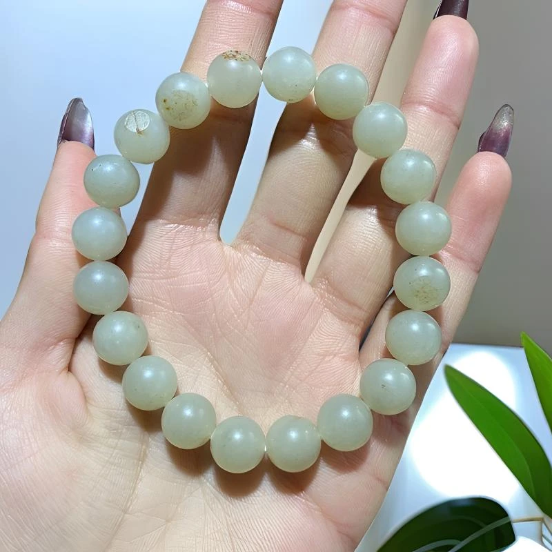 和田玉纯天然青白玉黄沁圆珠手串