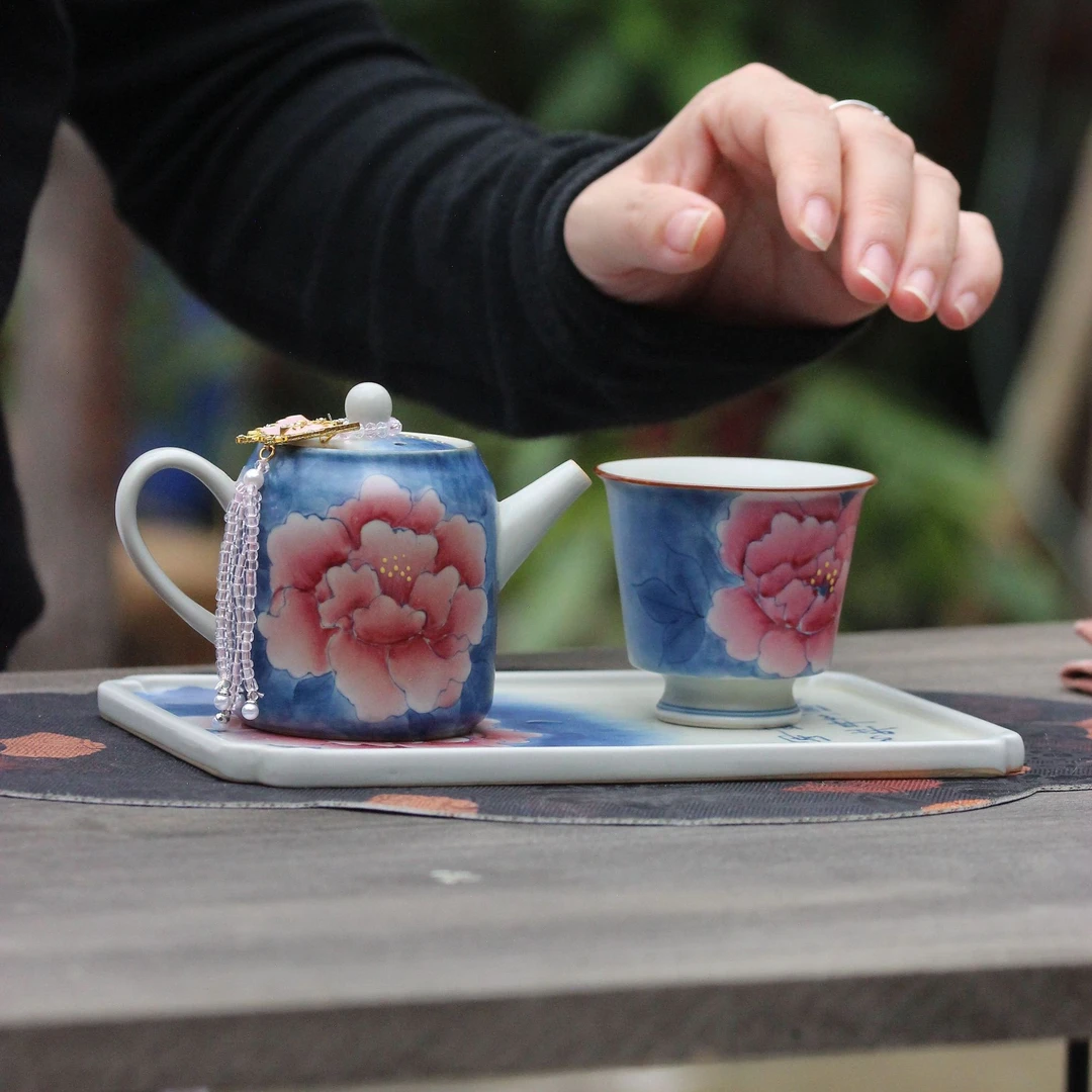 亘古青花斗彩牡丹茶壶茶具手绘茶杯泡茶品茗壶承陶瓷家用杯子水杯