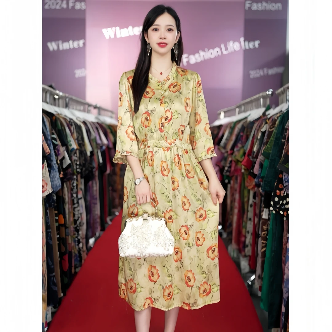 2634   优雅木耳边领虞美人印花系带显瘦女装连衣裙