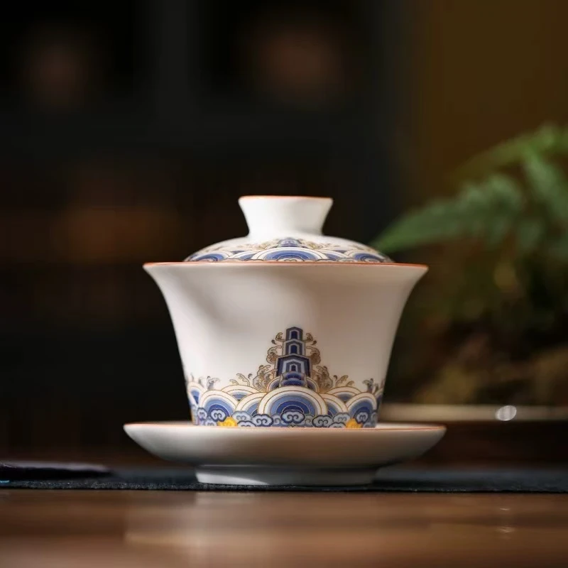 秋香茶具 江崖海水盖碗家用泡茶三才盖碗-1409