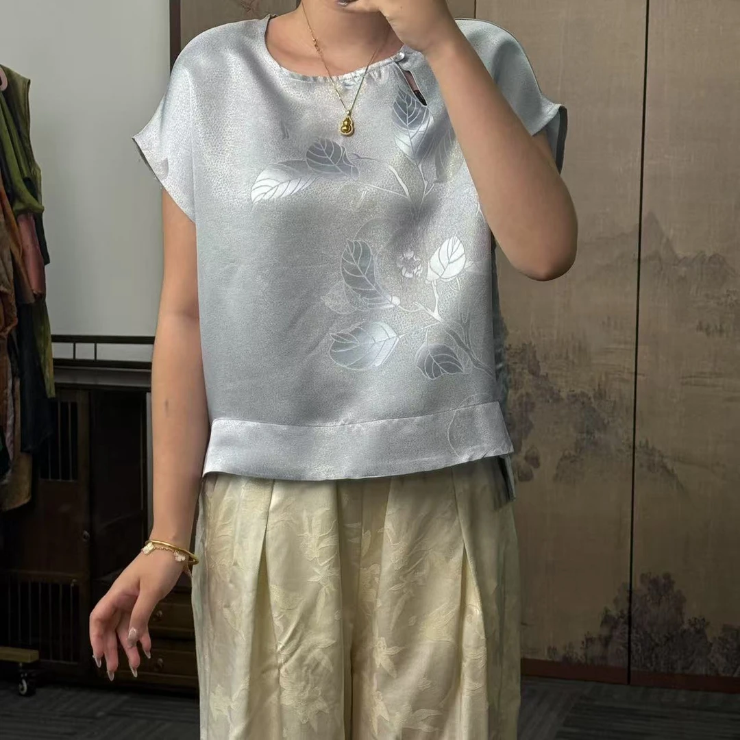 100桑蚕丝！蓝色金通正绢一粒扣上衣