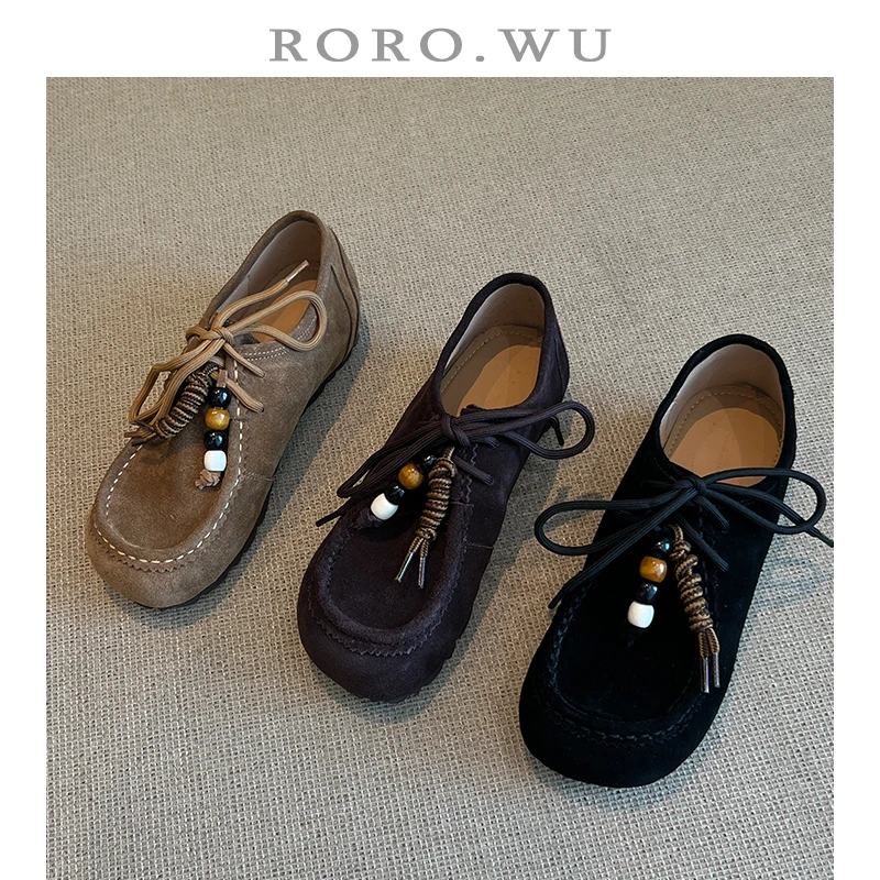娆娆吴·牛皮春秋新款珠串系带休闲运动厚底气质百搭日常单鞋A105