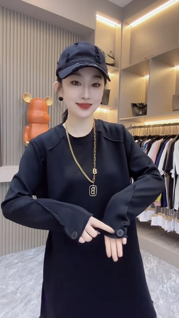 25欧货美式纽扣袖设计感棉长袖T恤女秋冬收腰显瘦内搭打底衫上衣