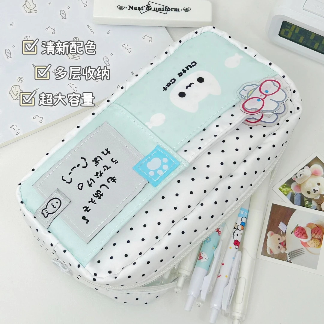 薄荷蓝波点小猫多层痛包笔袋大容量铅笔文具袋高颜值ins小众百搭Q