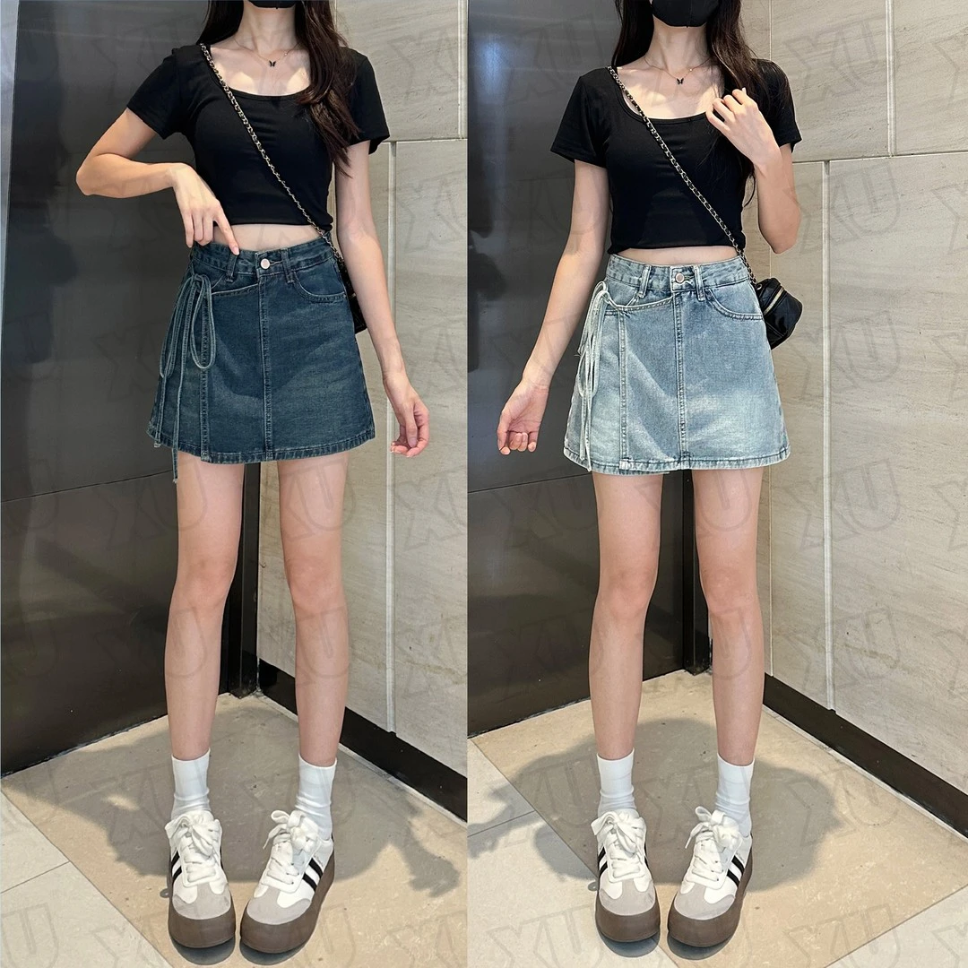 【打打】复古浅色牛仔半身裙女2025新款夏季高腰显瘦绑带红色半身裙