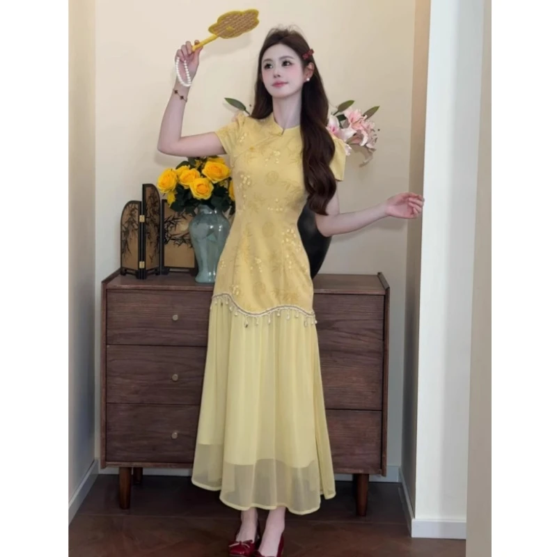 月桂新中式印花长裙2025夏国风新品气质拼接假两件旗袍连衣裙837