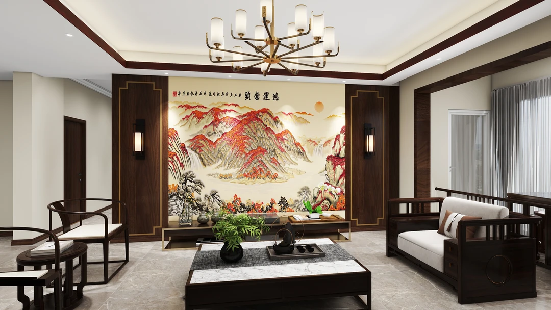 馨绣居-鸿运当头新中式高端定制山水刺绣墙布卧室沙发办公室背景