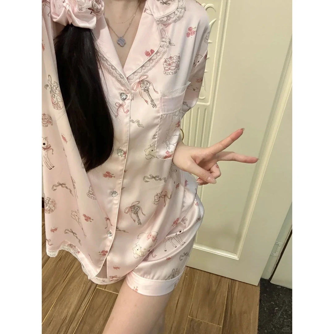 甜美少女卡通Kitty猫印花冰丝睡衣女2025春夏新款大码家居服套装