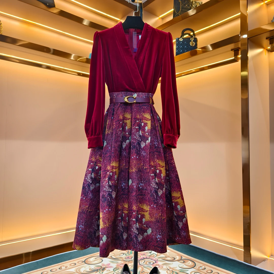 82531精选洋气国风印花气质复古优雅修身女装连衣裙-新