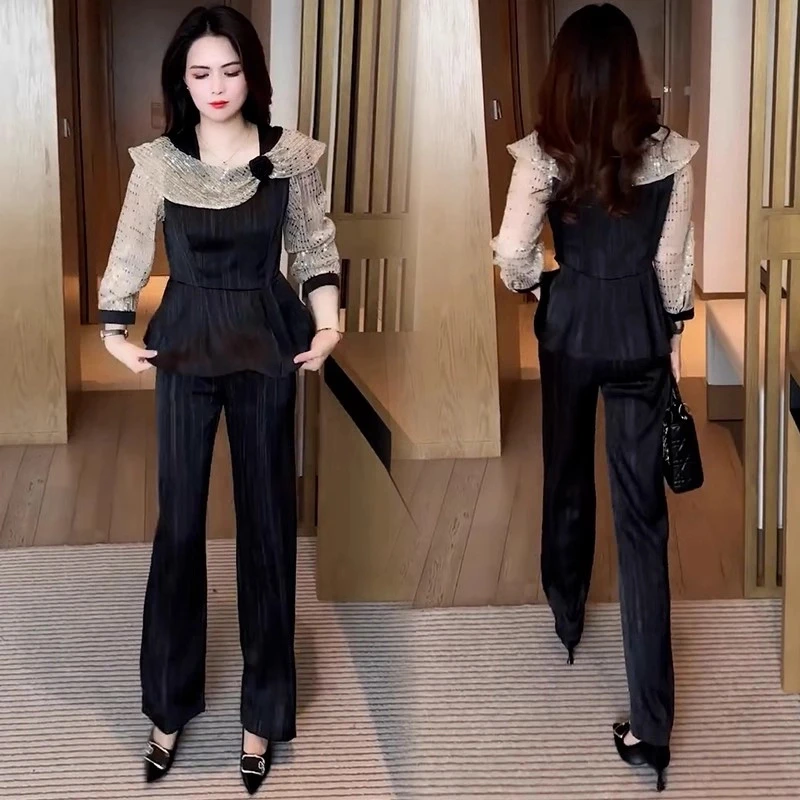 时尚套装女2025春季新款洋气显瘦小个子长袖蕾丝衬衫阔腿裤两件套