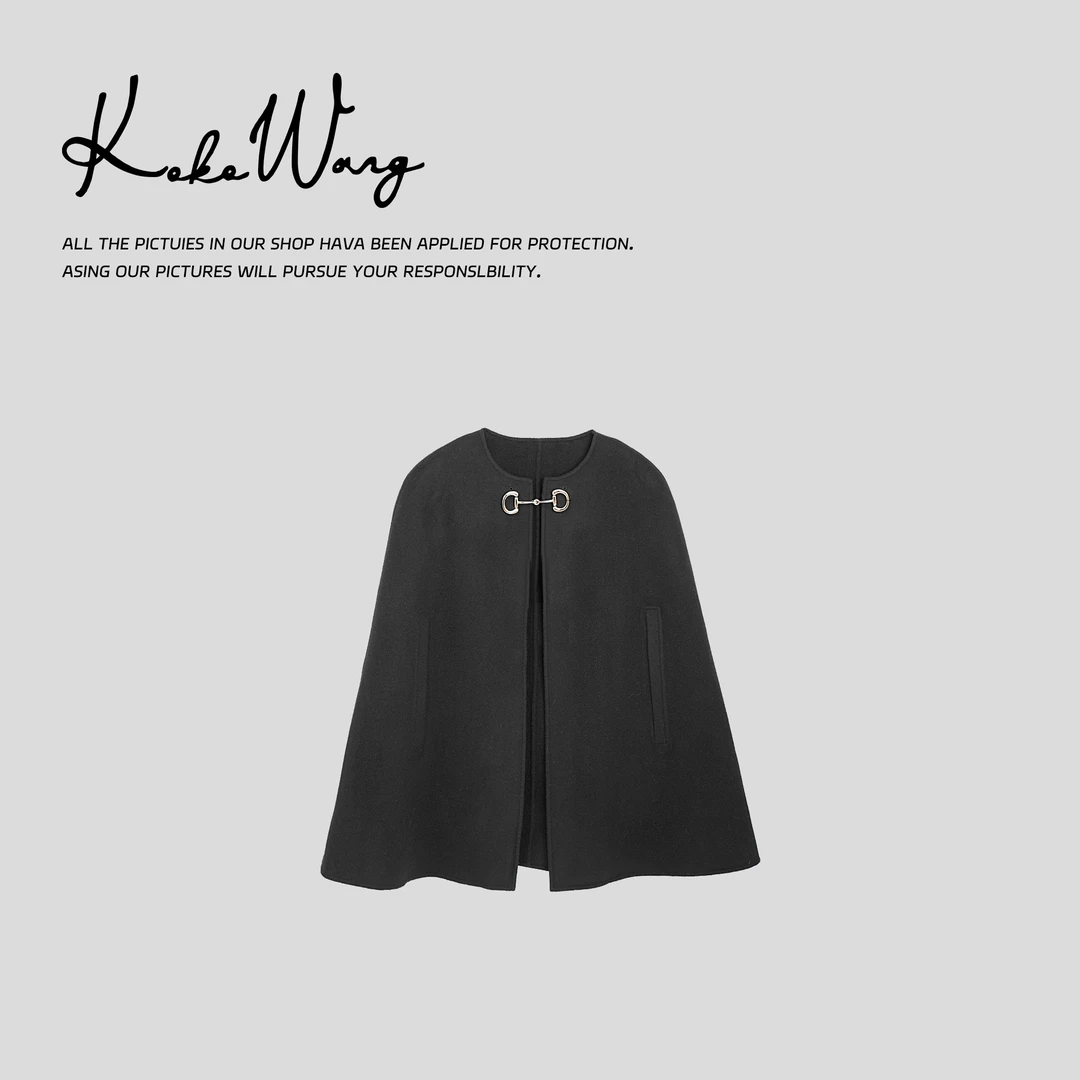 KOKOWANG新款纯色口袋马衔扣中长款披肩斗篷大衣外套541534L26W46