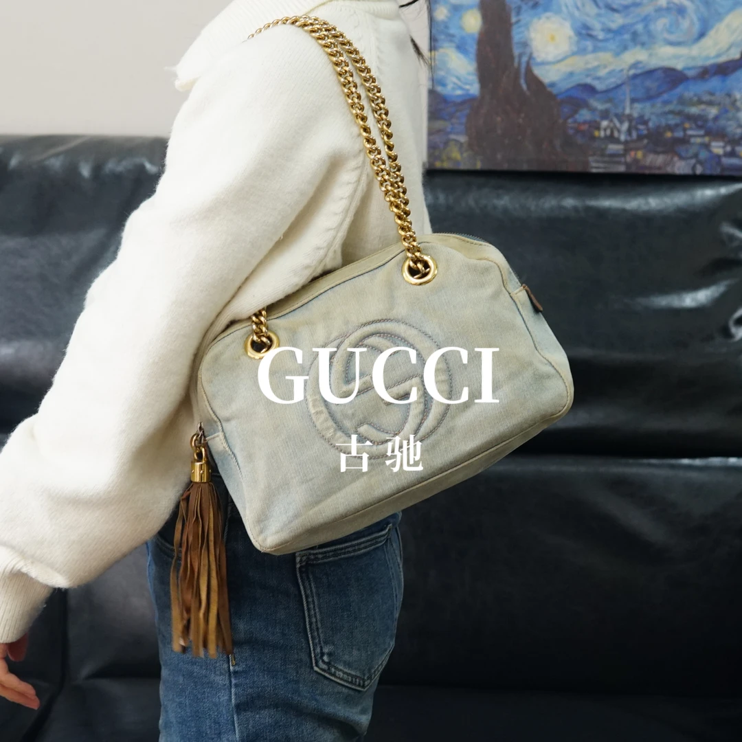 95新 GUCCI/古驰 牛仔单肩链条包/XS12427017/7017