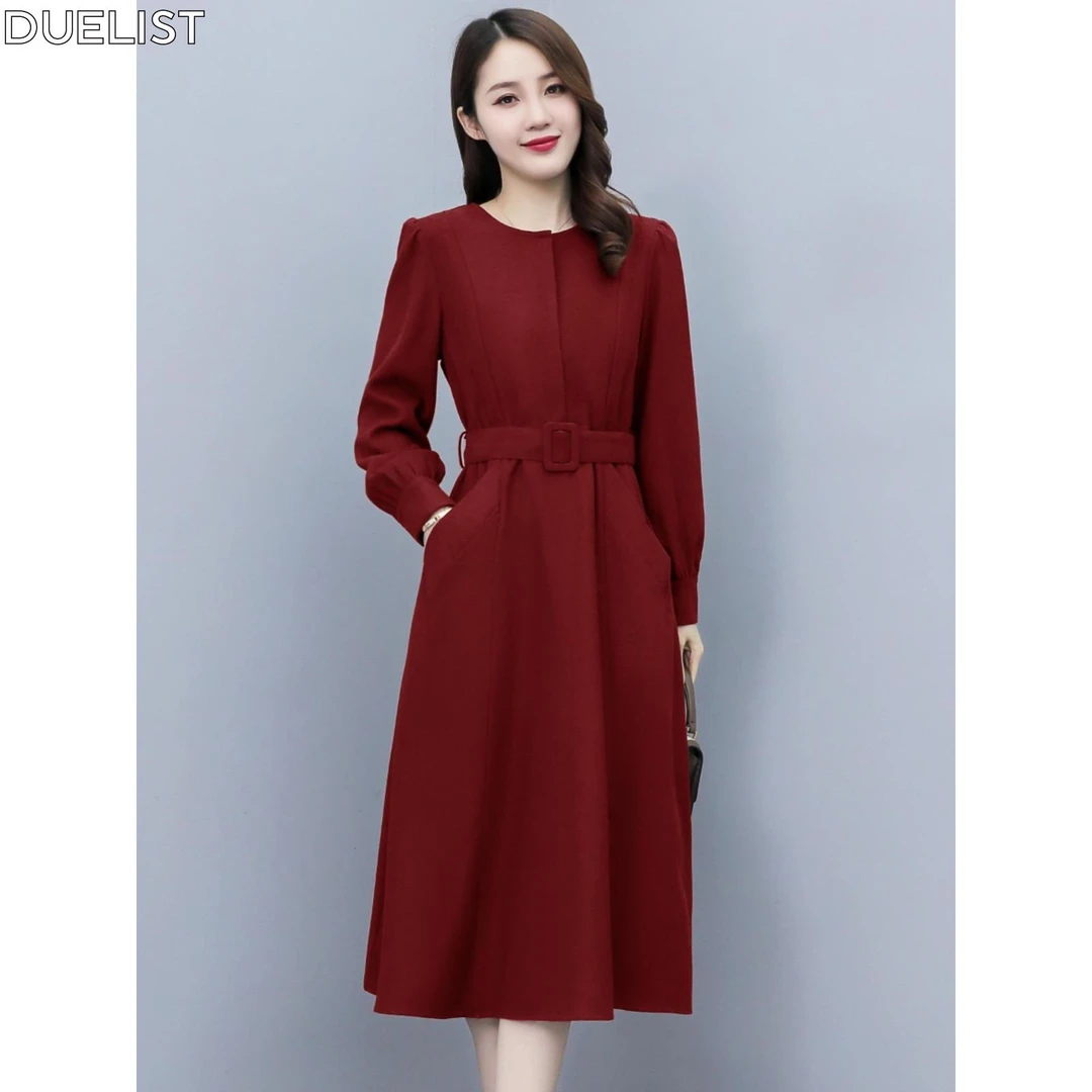 DUELIST高级感红色长袖连衣裙女春秋新款收腰显瘦气质别致长裙子