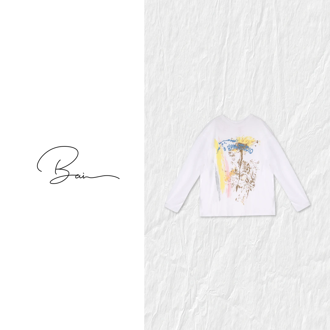 TXB 麻感棉质段缩丝宽松阔版多彩印花开叉长袖T恤上衣XB-7667