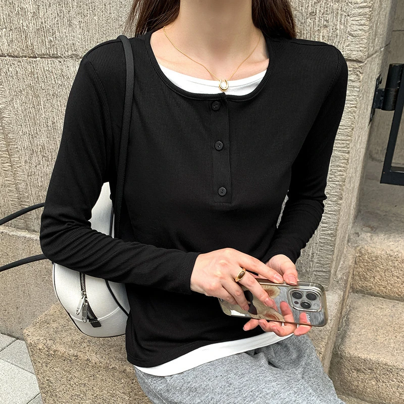 假两件女士打底衫长袖T恤修身内搭螺纹棉打底衫显瘦慵懒风上衣