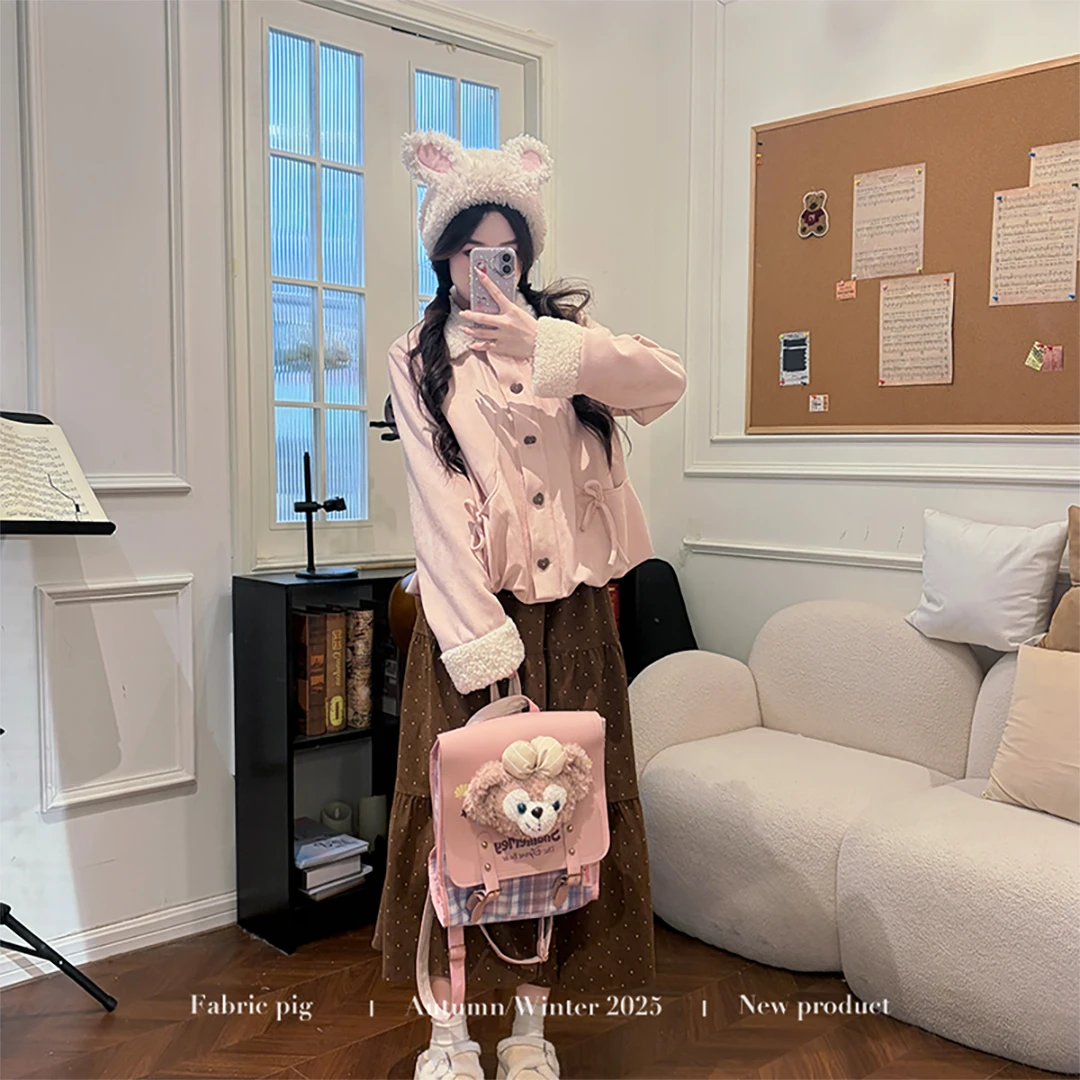 百利甜酒 织物猪原创 甜美风粉色麂皮绒外套女冬季短款夹克棉服