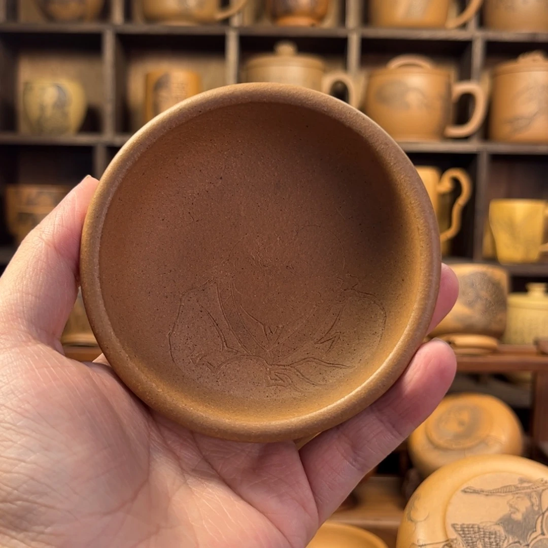 紫砂杯子6***6无锦盒人物刻绘紫砂主人杯