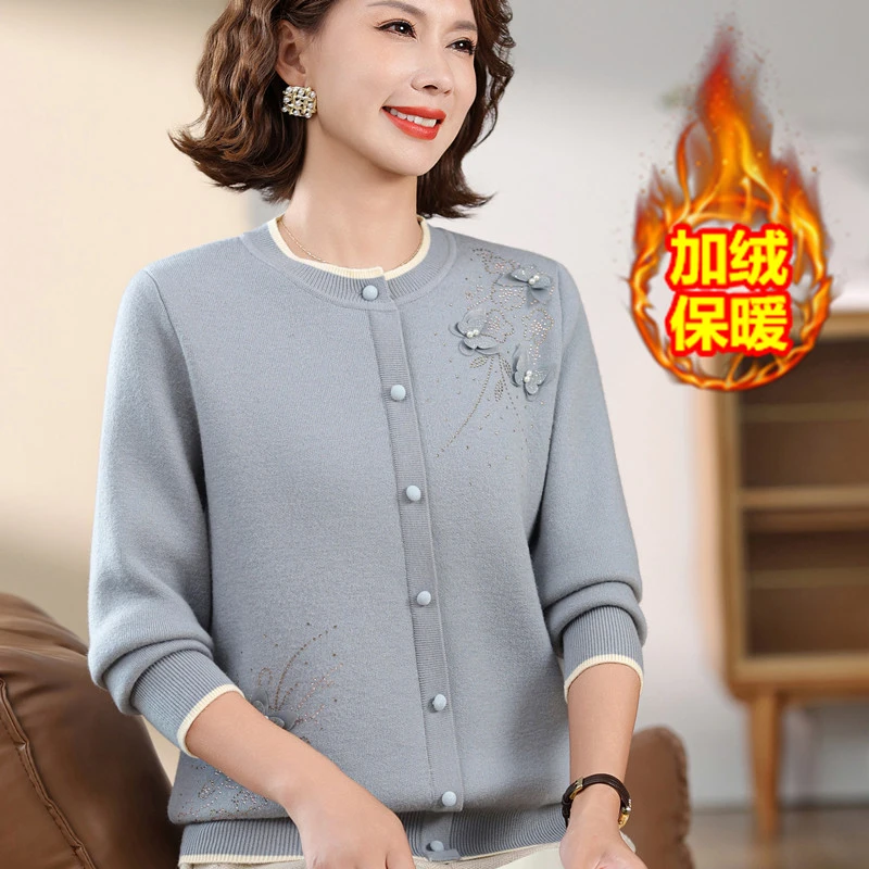 年轻妈妈装秋冬加绒加厚一体绒针织假两件上衣2025新款毛衣打底衫