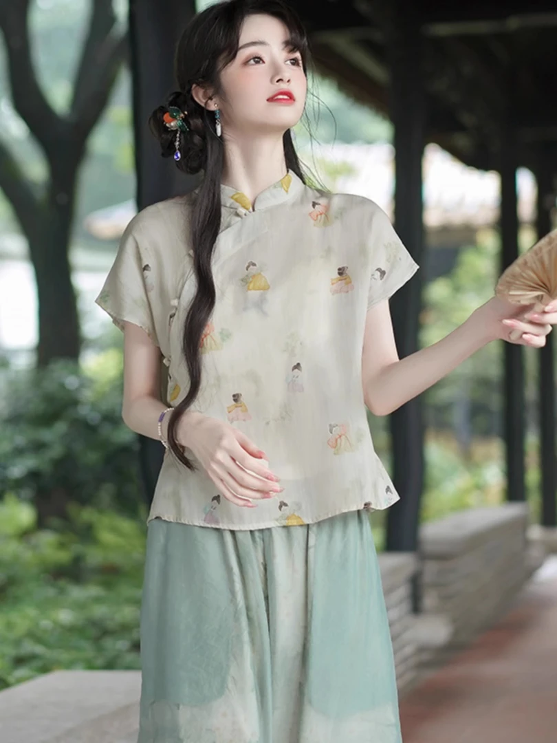 新中式短袖宽松唐装旗袍上衣国风改良汉服女夏季2025新款禅意茶服