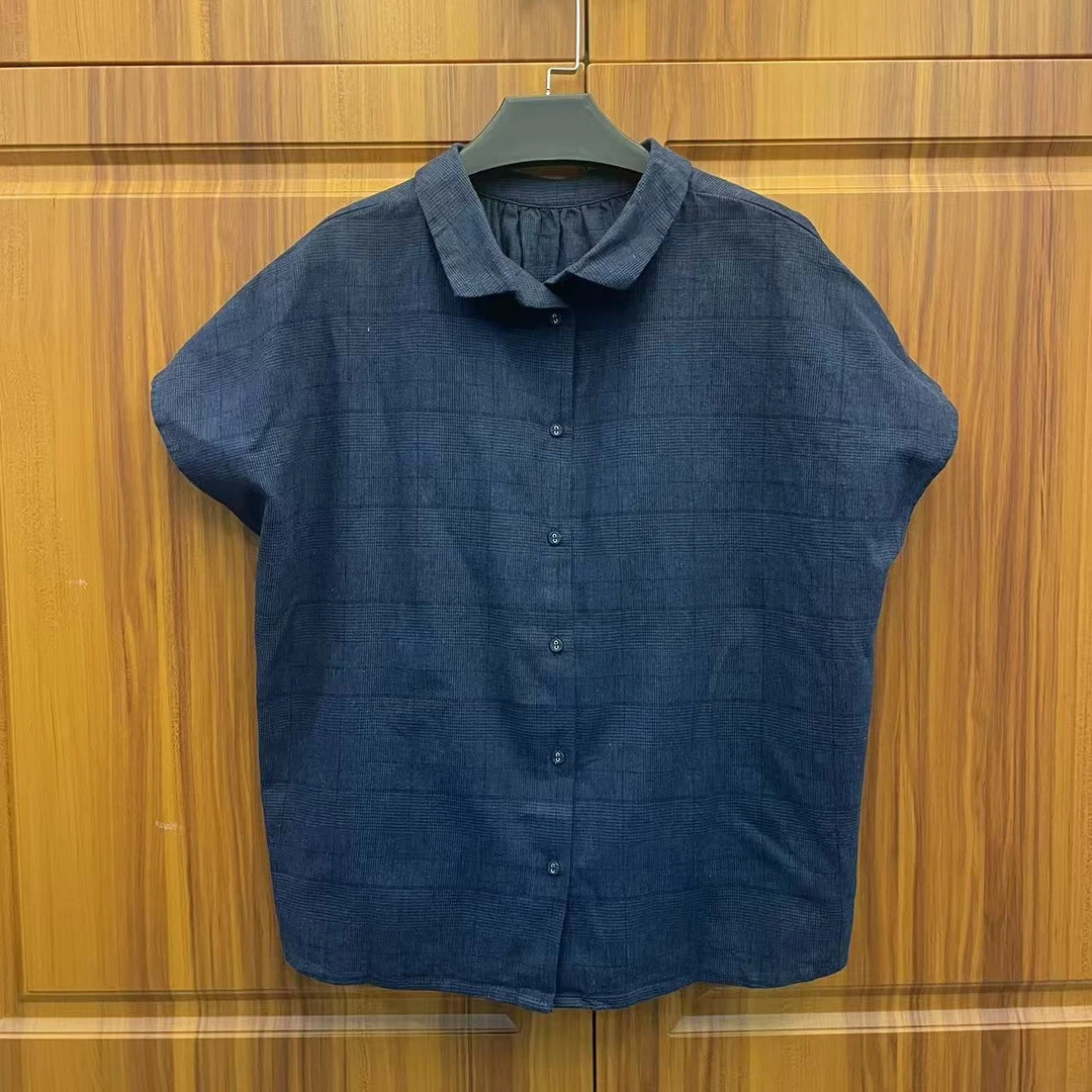 【50玫瑰】日本棉麻短袖复古夏季直筒型衬衫宽松春夏拼接蓝色女装