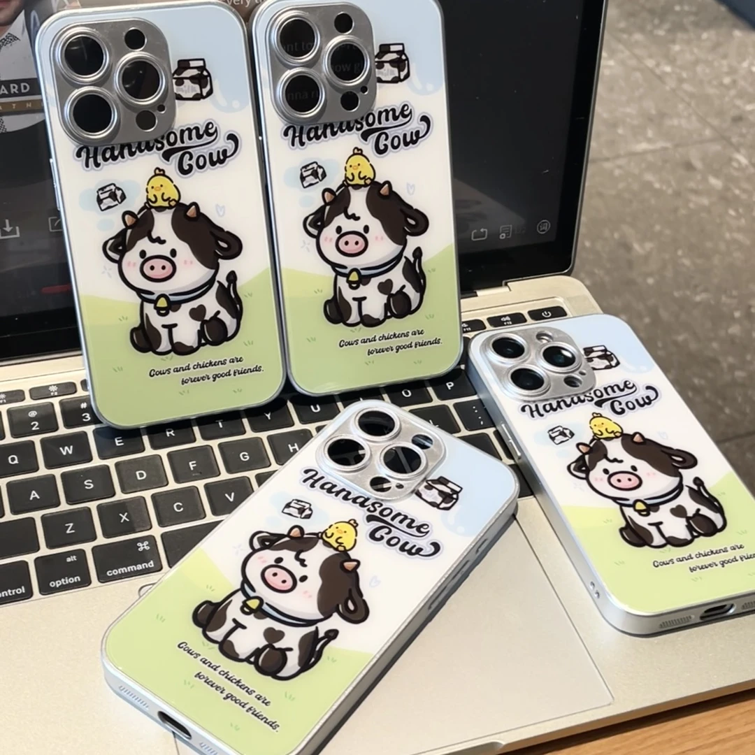 飞虎胜卡通可爱小奶猪适用苹果15/16玻璃手机壳华为oppo小米vivo